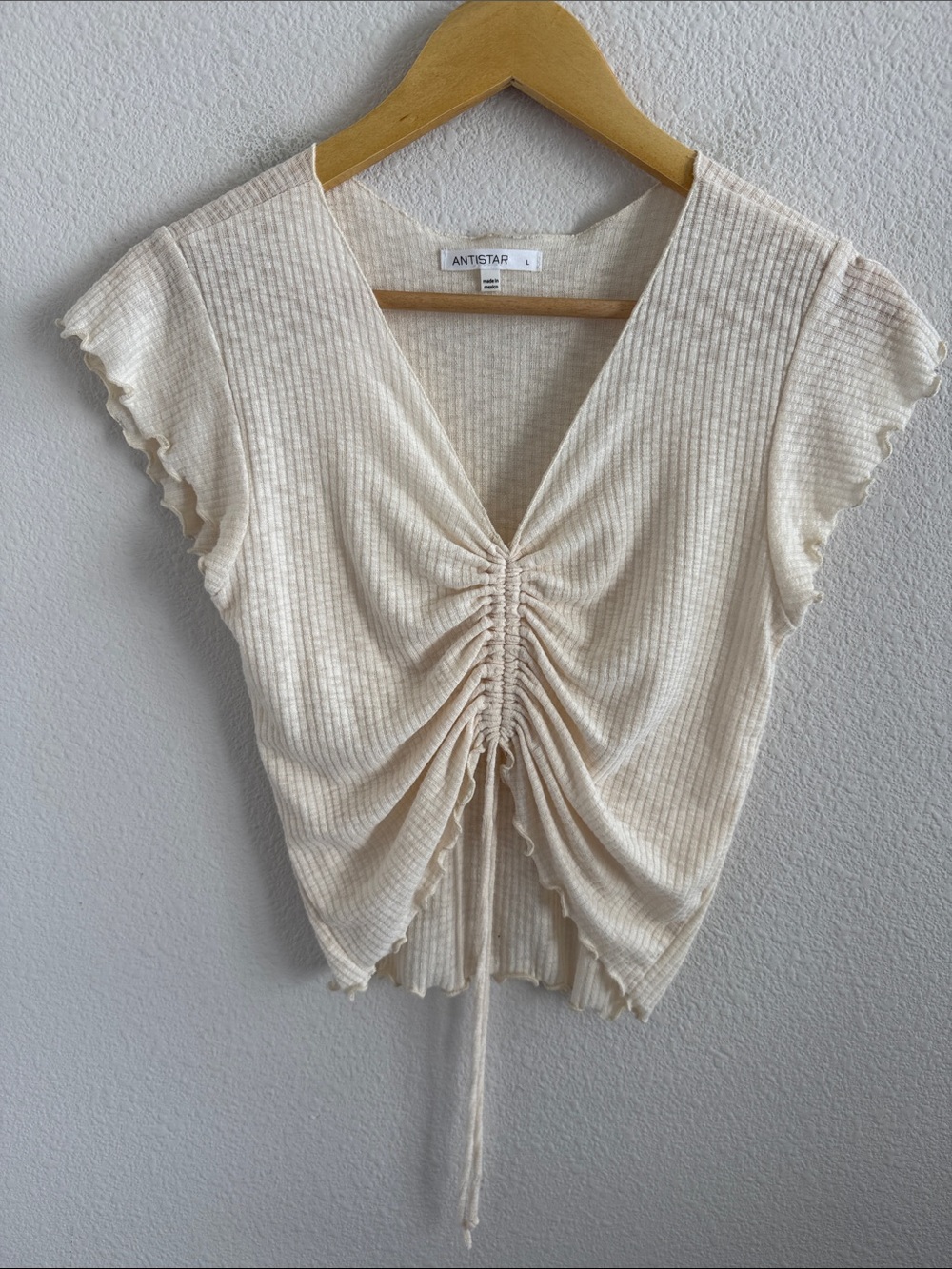 Antistar Cream Ruched V-Neck Short Sleeve Women's Top Large